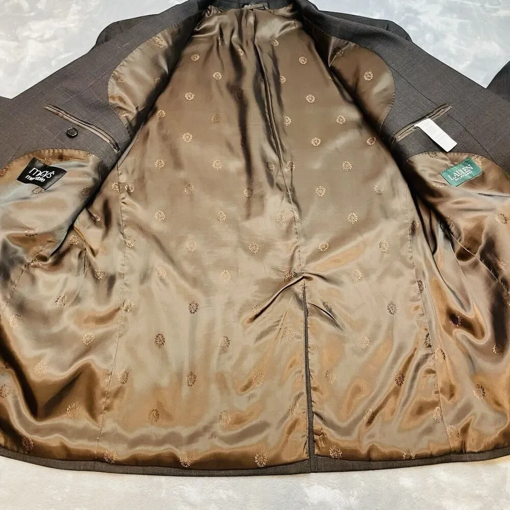 Lauren‎ Ralph Lauren Wool Blazer Mens 44L Olive Brown Micro Plaid Two Button